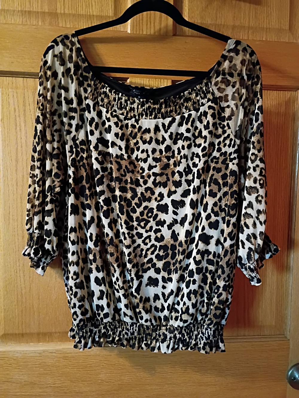 Smocked Leopard Print Blouse - Beige and Black